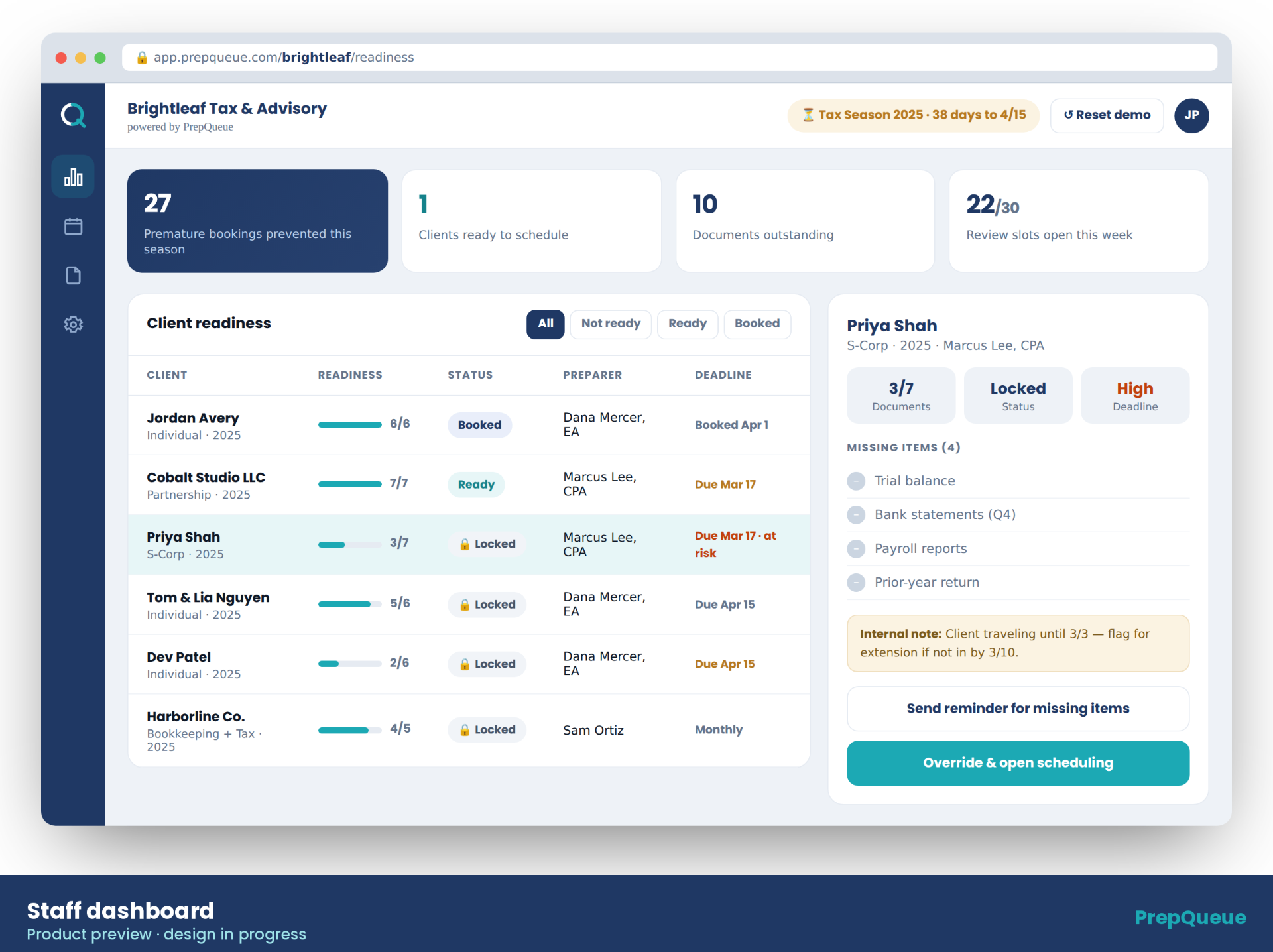 PrepQueue tax staff dashboard: client readiness and document status